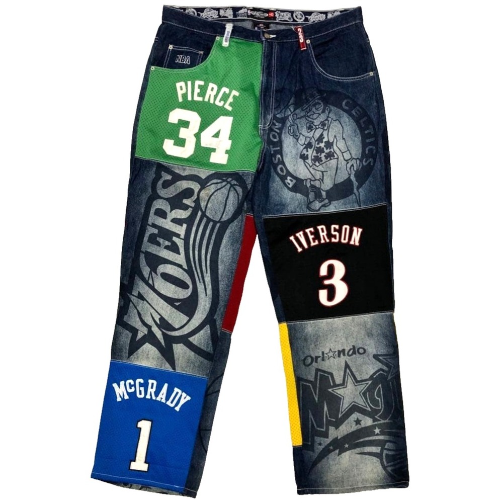 VTG - NBA 90's Jersey Jeans Basketball Pants Lakers, 76ers, Magic, Celtics, Cavs
